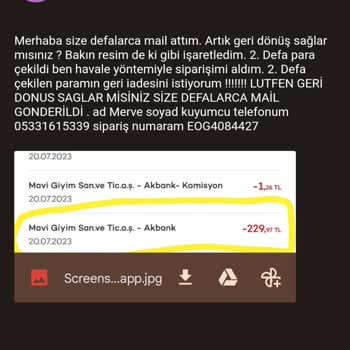 Mavi Geri Para İadesi İstiyorum Banka Kartıma