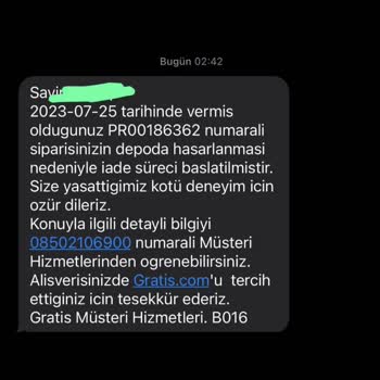 Gratis İnternette Stoğu Olup Depoda Olmadığı İçin İade Edilen Ürün