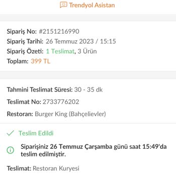 Burger King Trendyol Yemek Hizmeti Şikayeti Bir Daha Sipariş Etmem