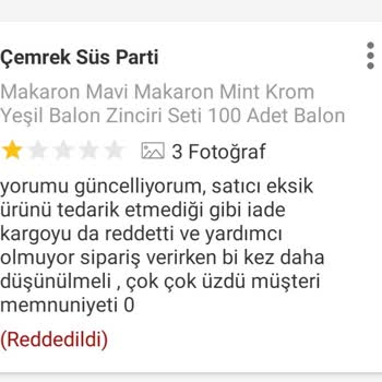 Çemrek Süslemeleri (cemreknikahsekeri.com) Balon Zinciri Siparişi Eksik Ve Yanlış Ürün Gönderimi