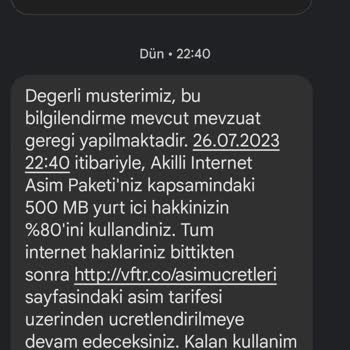 Vodafone Aşım Paketi İnternetin Bittiğine Dair Mesajla Birlikte Yüklen