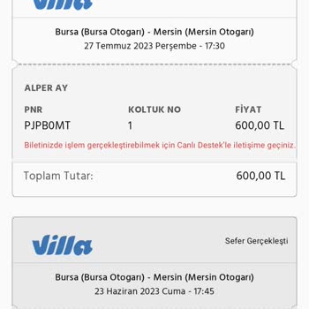 Villa Seyahat Bilet Sorunu Yaşadım Ulaşamadım Mağdurum