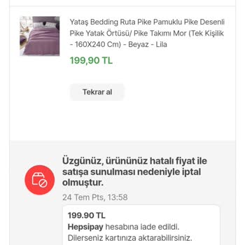 Yataş Fiyat Hatası Diyerek Ürün İptali