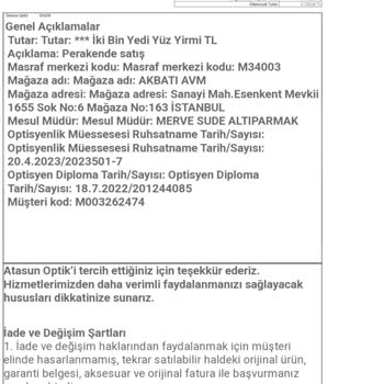 Atasun Optik Akbatı Şubesi 4 Al 3 Öde Lens Kamp Güneş Gözlüğü 100 TL İ