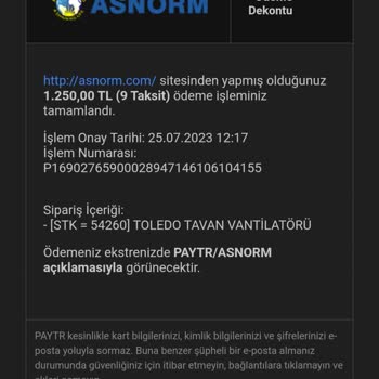 Asnorm Tavan Aspiratörü Aldım Elime Ulaşmadı