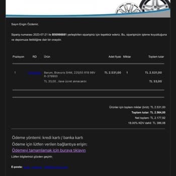 Lastik-online.com İznim Olmadan Çekilen Tutarın İadesi Ve Siparişimin Gönderilmesi