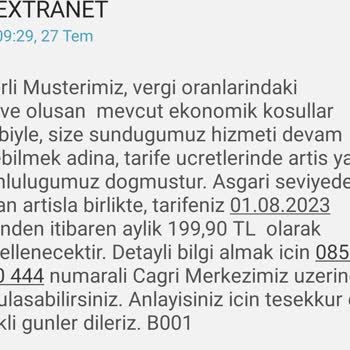 Extranet Taahhüt Süresi Dolmadan Fiyat Artışı Mesajı.