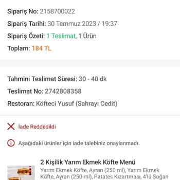 Köfteci Yusuf Sahrayıcedit Şubesi Hızlı Ama Eksik Hizmet Veriyor, Ayranlar Gelmedi
