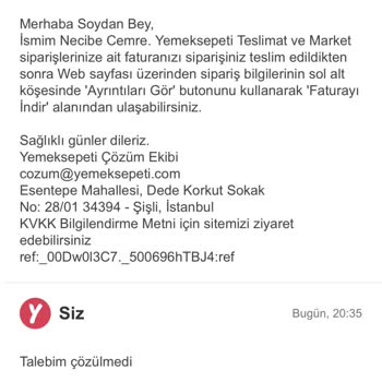 Yemeksepeti Fiş/fatura Verilmedi, Verilmiyor