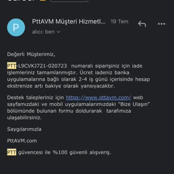PttAVM İade Ettiğim Ürünün Parası Yatmıyor