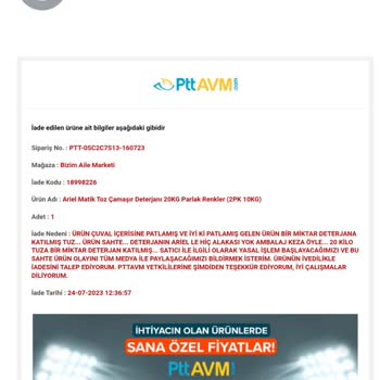 Epttavm-Ariel Diye Satılan 20 Kg Deterjan Benzeri Kimyasal İadesi