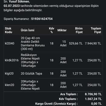 Kalitek Damlama Sulama Teslim Edilmeyen Ürün