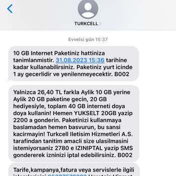 Turkcell 20+20 Yerine 10 GB