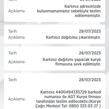 AGT Kurye (aynigunteslim.com) 4400494335729 Barkodlu Kart Gönderimi Sorunu