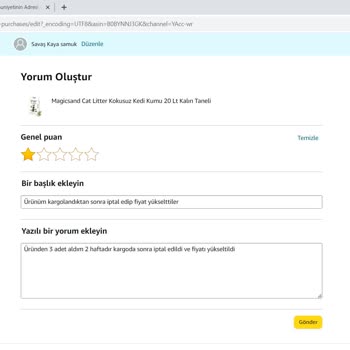 Amazon'dan Yapılan Kedi Kumu Siparişiyle İlgili Sorun