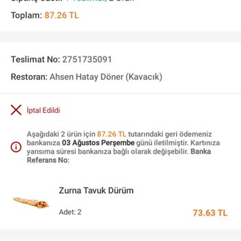 Trendyol Yemek Siparişi İptal Etti