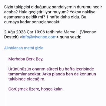 Vivense'nin Garantili Ürünün Tamir Sürecinden Bir Haber Olması