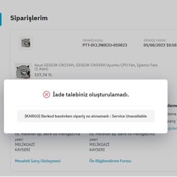 Epttavm Ürün İade Talebi Oluşturulmuyor