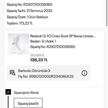 Reebok Sitesinin Olmayan Ürünün Siparişini Alması