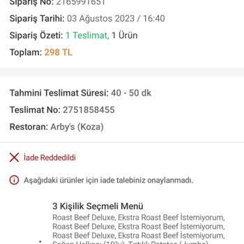 Arby's Firmasının İade Ücretini Yatırmaması
