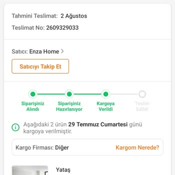 Trendyol Yataş Yatak Kargoya Verilmiş Gözüküyor Halen Gelmedi