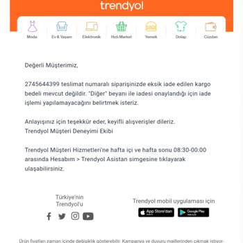 Trendyol Göndermediği Ürün İçin Benden Kargo Ücreti Kesti