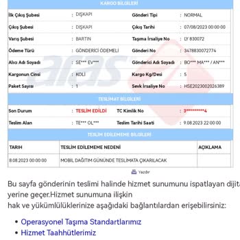 Aras Kargo Bartın Şubesi Kargo Teslim Edildi Gözüküyor