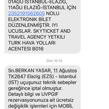 THY Bilet İptali TK2647 Elazığ-İstanbul