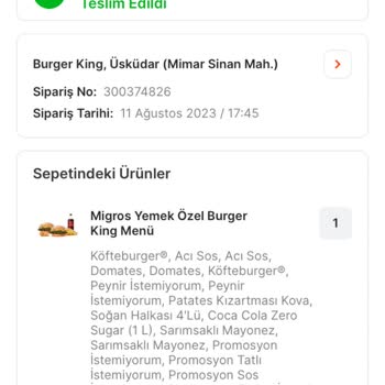 Migros Yemek Üzerinden Verilmiş Gelmeyen Burger King Siparişi
