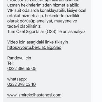 Özel Ekol Hastanesi (İzmir) Özel Sigorta Mesaj Hk.