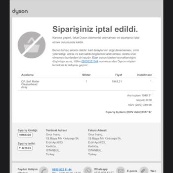 Dyson Stoktaki Ürünü Göndermeme