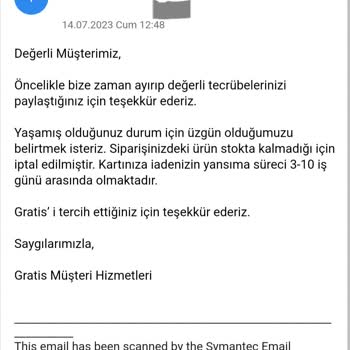 Gratis Yasal Süreyi Aşmasına Rağmen Para İademi Gerçekleştirmedi.