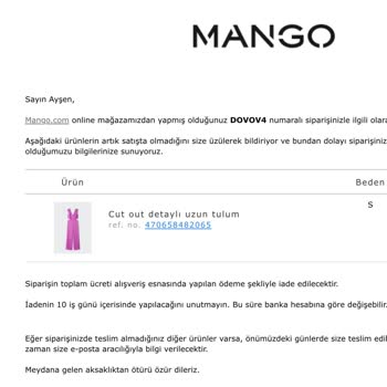 Mango Stokta Olan Ürünün Teslim Edilmemesi
