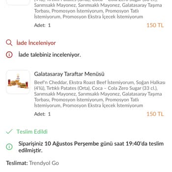 Arby's Eksik Menü Gönderip Paramı Geri Göndermedi