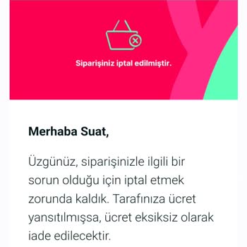 Yemeksepeti Siparişin İptal Olması, Para İadesi Olmaması
