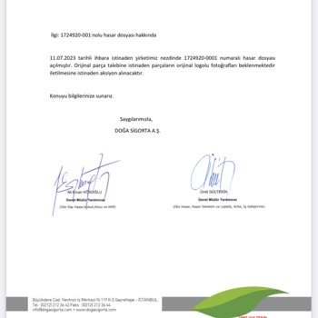 Doğa Sigorta Orijinal Parça Vermedi