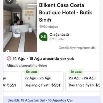 Bilkent Casa Costa Boutique Hotel Fiyat Hatası Müşteri Mağduriyeti