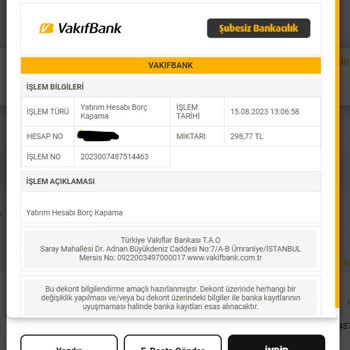 VakıfBank Yatırım Hesabı Borç Kapama Para Kesintisi