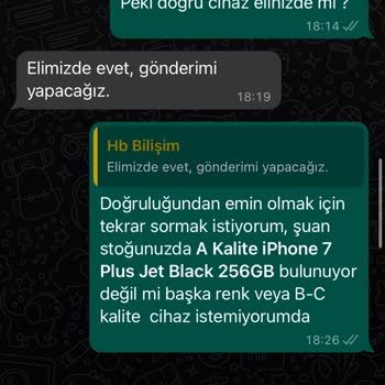 HB Bilişim Yanlış Ürün Gönderimi Ve A Kalite Ürünün B Kalite Düzeyinde Olması