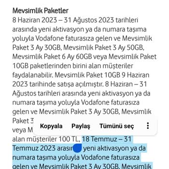 Vodafone Mevsimlik Rahat Paket Hediye Çeki Vermedi