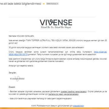 Vivense Firmasının İade İçin Kargo Bilgisi Paylaşmaması