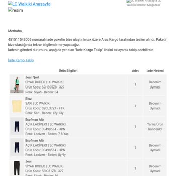 LCW İnternet Siparişi Eksik Yatan İade Ürün