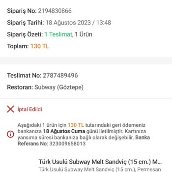 Subway Göztepe Bağcılar Şubesi Bir Saat 10dk Sonra Siparişi İptal Etti