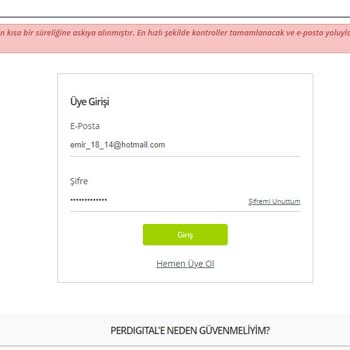 Perdigital Bakiyeye El Koyma Hesabı Askıya Alma