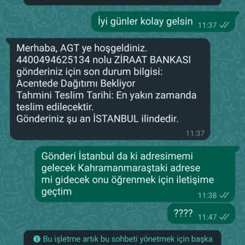 AGT Kurye (aynigunteslim.com) 4400494625134 Barkodlu Kargom 20 Gündür Gelmedi