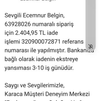 Karaca Züccaciye Karaca'dan Para İadesi Yapılmıyor.