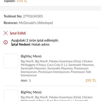 Trendyol Yemek Yanlış Konum İptali