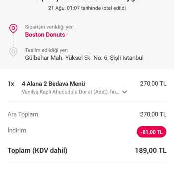 Yemeksepeti 1 Saat Sonra İptal Edilen Sipariş