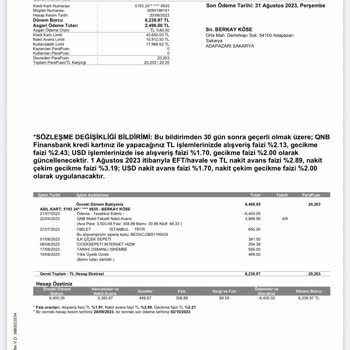QNB Finansbank Kart Aidat Ücreti