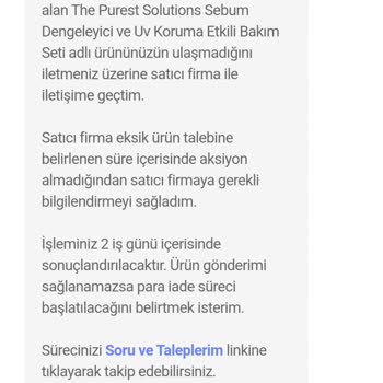 The Purest Solutions Eksik Ürün Gönderimi